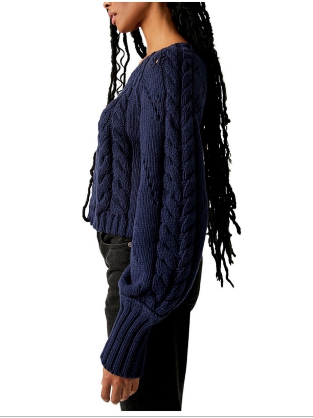 Free People Navy Pointelle and Cable Knit Sweater with Blouson Sleeves - Picture 7 of 13